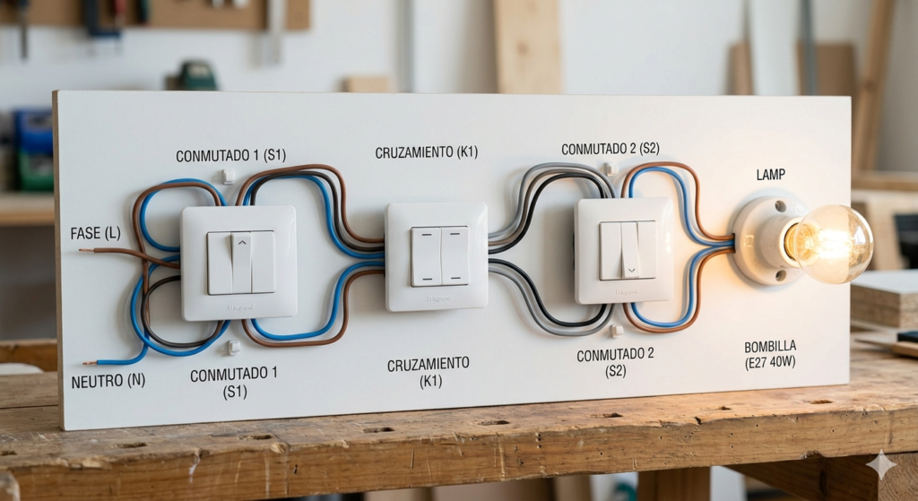 dos conmutados, cruzamiento, bombilla