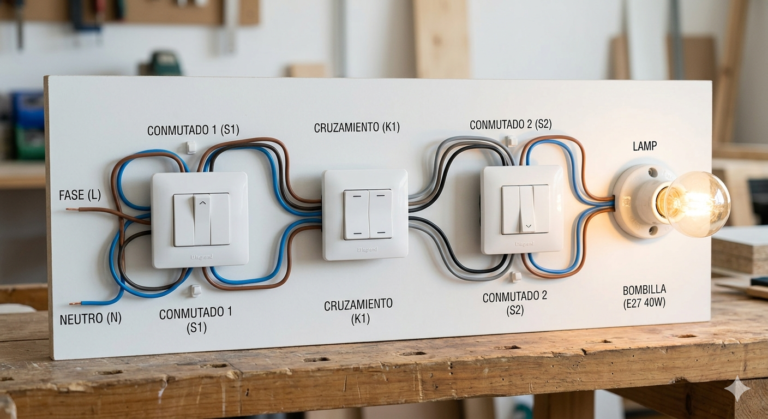 dos conmutados, cruzamiento, bombilla